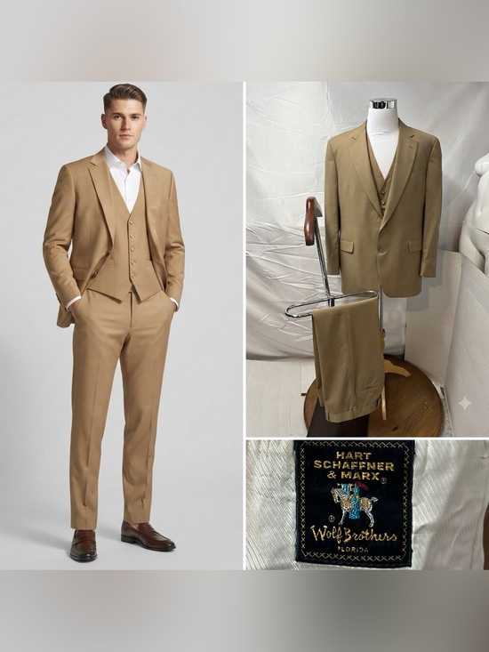 Hart Schaffner Marx Other - Hart Schaffner Marx Vintage Men's 44R Blazer 39x30 Pants Vest Tan 3-Piece Suit